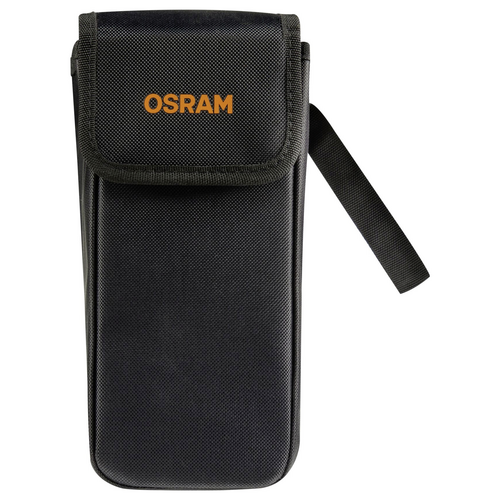Schwarze Tasche mit Klappe und Tragegurt; orangefarbene Aufschrift 'OSRAM'. Ideal für Lampen- oder Zubehöraufbewahrung.